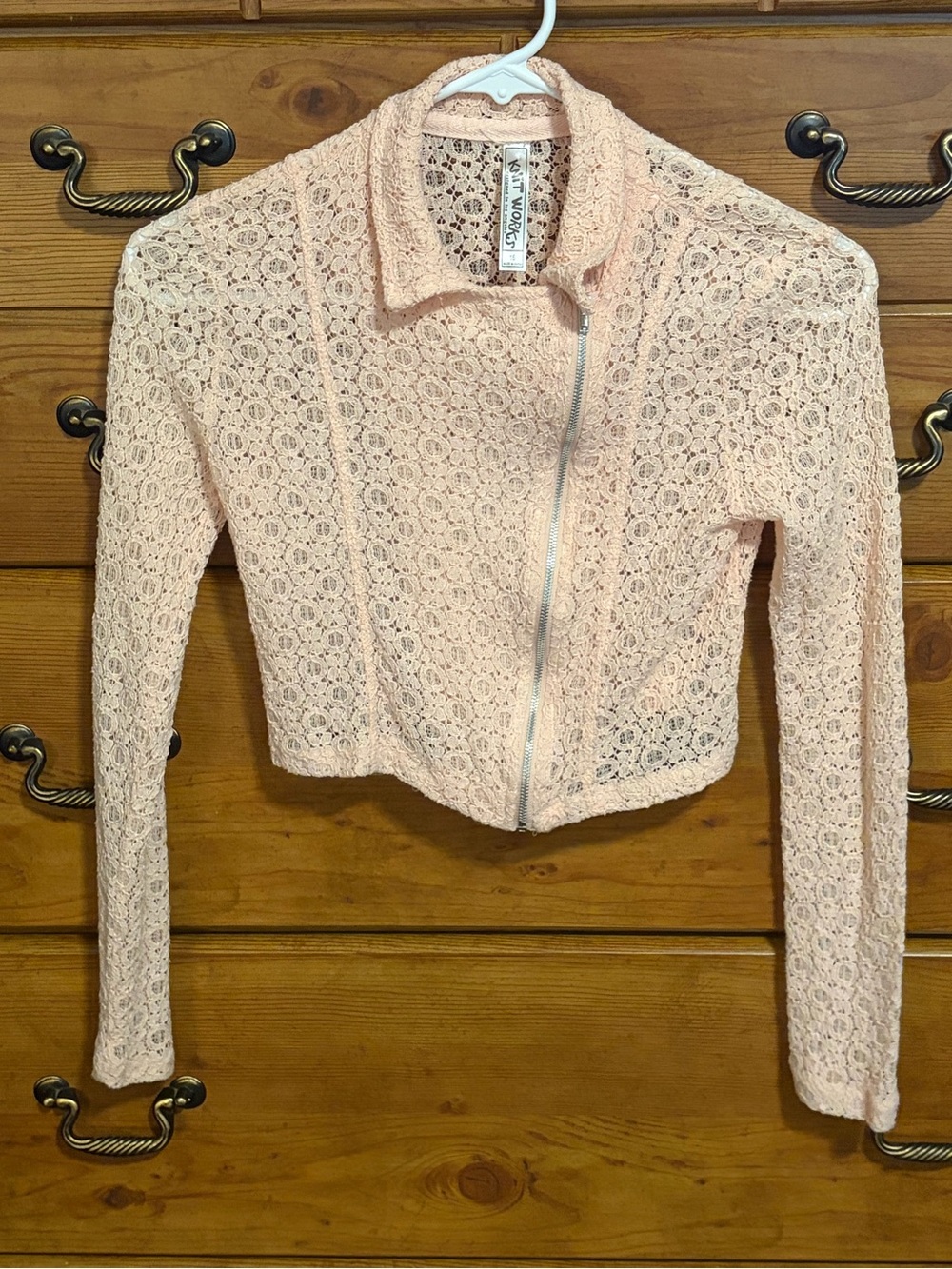Knitworks Girls Size 16 Pale Pink Lace Zip-Front Cropped Sweater